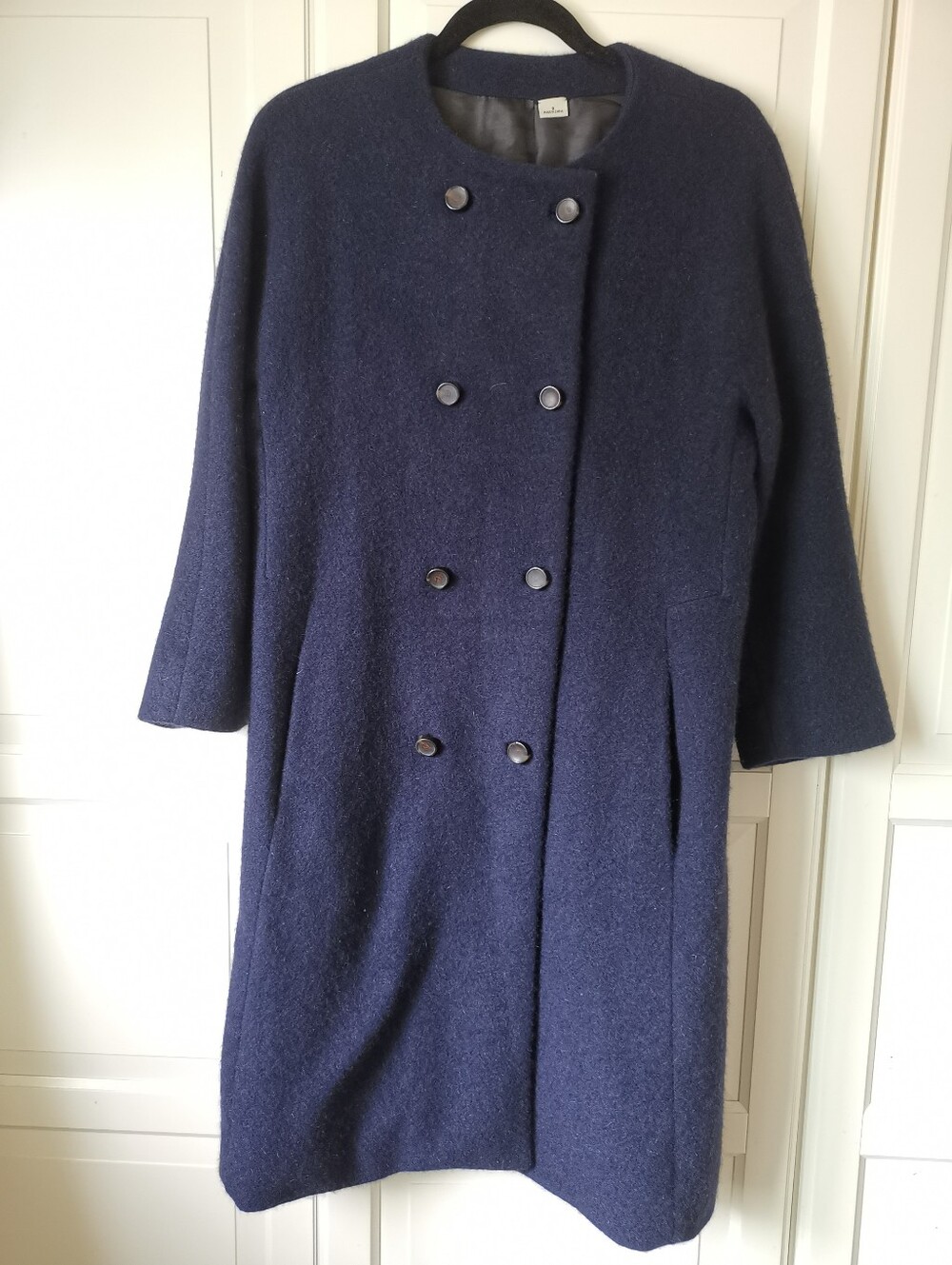Theory Navy Wool Mohair Blend Collarless Double Breasted Coat S RN 103927